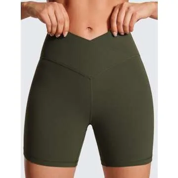 CRZ YOGA Womens Butterluxe Crossover Biker Shorts 5 Inches - Criss Cross High Waisted Workout Yoga Buttery Soft Olive Green Small