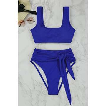Pink Queen Women 2 Piece Swimsuit Tie Front High Waisted Bottoms Crop Top Royal Blue M