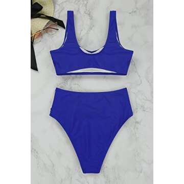 Pink Queen Women 2 Piece Swimsuit Tie Front High Waisted Bottoms Crop Top Royal Blue M