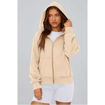 PRETTYGARDEN Women's Zip Up Hoodie Sweatshirt Y2K Fall Fashion Clothes Long Sleeve Loose Fit Pockets Casual Trendy Jacket (Apricot,Small)