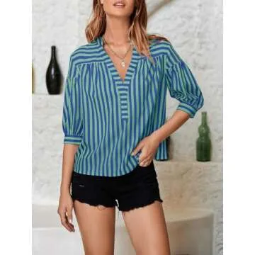 Tankaneo Womens Puff Sleeve Tops Striped Blouses Dressy Casual Mandarin Collar Shirt 3/4 Sleeve Tshirt Blue Green