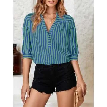 Tankaneo Womens Puff Sleeve Tops Striped Blouses Dressy Casual Mandarin Collar Shirt 3/4 Sleeve Tshirt Blue Green