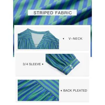 Tankaneo Womens Puff Sleeve Tops Striped Blouses Dressy Casual Mandarin Collar Shirt 3/4 Sleeve Tshirt Blue Green