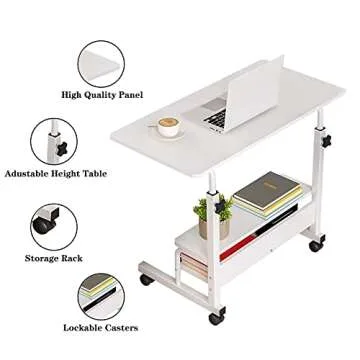 Adjustable Height Mobile Computer Desk for Small Space Rolling Writing with Wheels Corner Home Office Study Portable Bedrooms Work Size 31.5 Inch Storage Gaming Table, White D