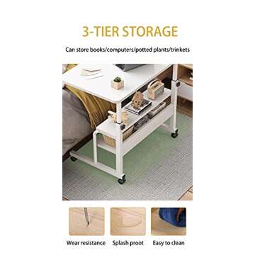 Adjustable Height Mobile Computer Desk for Small Space Rolling Writing with Wheels Corner Home Office Study Portable Bedrooms Work Size 31.5 Inch Storage Gaming Table, White D