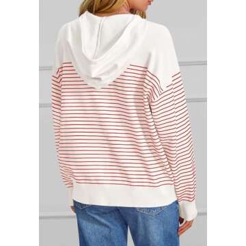 MEROKEETY Women's 2024 Striped Sweater Hoodies Long Sleeve Fall Casual Loose Pullover Sweatshirts, Red, XL