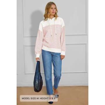 MEROKEETY Women's 2024 Striped Sweater Hoodies Long Sleeve Fall Casual Loose Pullover Sweatshirts, Red, XL