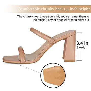 Athlefit Nude Heels: Chic Slip-On Two-Strap Chunky Sandals for Comfort and Style