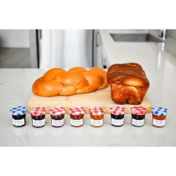 Gift Box of 8 Gourmet French Preserves, 1 oz. Mini Jars: 2 Strawberry and 1 each of Raspberry, Muscat Grape Jelly, Honey, Apricot, Wild Blueberry Preserves & Orange Marmalade