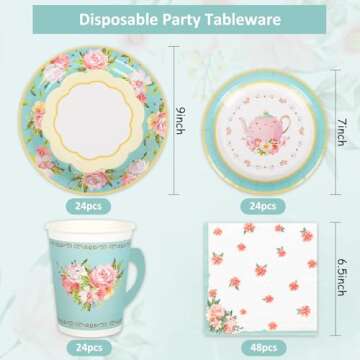 Whaline Tea Party Tableware Supplies Serves 24 Spring Floral Tea Party Disposable Paper Dinnerware, ...