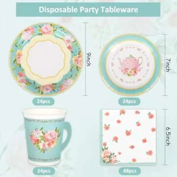 Whaline Tea Party Tableware Supplies Serves 24 Spring Floral Tea Party Disposable Paper Dinnerware, ...