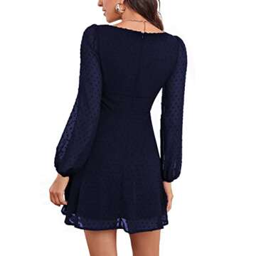 LYANER Women's Polka Dots Square Neck A-line Long Sleeve Swiss Dots Mini Dress Navy Blue X-Small