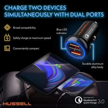 HUSSELL Fast Charge Car Charger - Dual USB, Mini, Aluminum for iPhone & Android