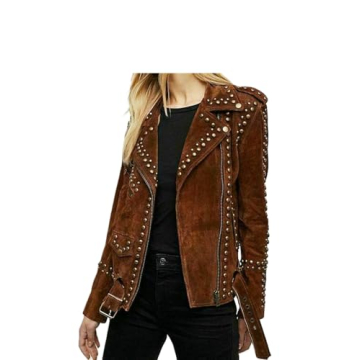 Women's Genuine Suede Leather Western Fashion Studded Jacket Brown Vintage Retro Style Jacket (US, A...