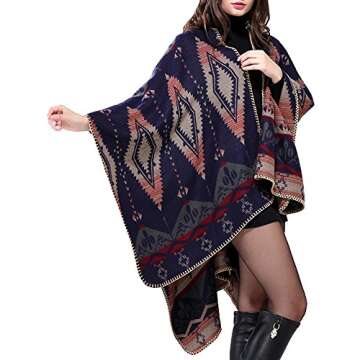 Urban CoCo Women's Color Block Shawl Wrap Open Front Poncho Cape (Navy blue)