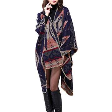 Urban CoCo Women's Color Block Shawl Wrap Open Front Poncho Cape (Navy blue)