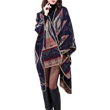 Urban CoCo Women's Color Block Shawl Wrap Open Front Poncho Cape (Navy blue)