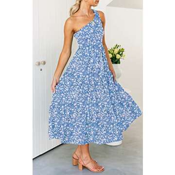 ZESICA Women's Bohemian Summer Floral Print One Shoulder Sleeveless Smocked Ruffle Tiered Beach Long Midi Dress,Blue,X-Large