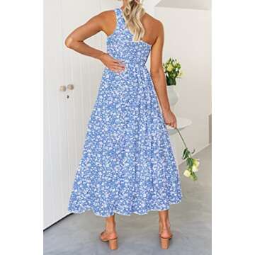 ZESICA Women's Bohemian Summer Floral Print One Shoulder Sleeveless Smocked Ruffle Tiered Beach Long Midi Dress,Blue,X-Large