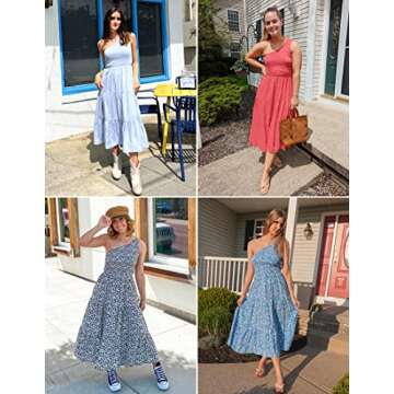 ZESICA Women's Bohemian Summer Floral Print One Shoulder Sleeveless Smocked Ruffle Tiered Beach Long Midi Dress,Blue,X-Large