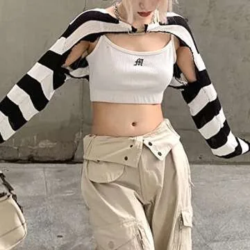 PICPUNMAK Women Grunge Crochet Knit See Through Crop Tops Cover Up Shrug Long Sleeve Crew Neck Casual Cropped Smock Top Black and White