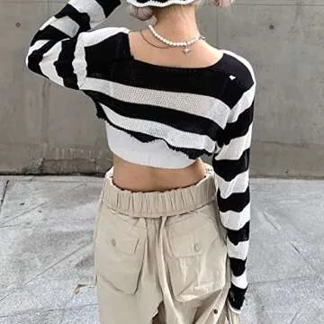 PICPUNMAK Women Grunge Crochet Knit See Through Crop Tops Cover Up Shrug Long Sleeve Crew Neck Casual Cropped Smock Top Black and White