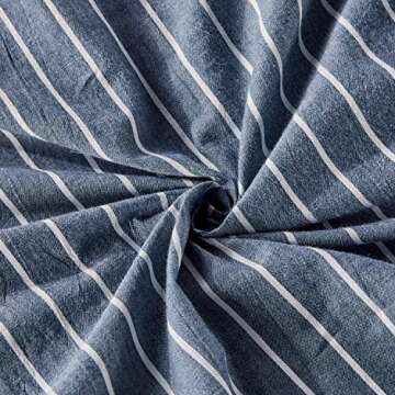 JELLYMONI Pinstriped 100% Washed Cotton Linen Like Duvet Cover Set, 3 Pieces Luxury Soft Bedding Set with Buttons Closure, Blue Stripes Pattern Printed Duvet Cover Queen Size(No Comforter)
