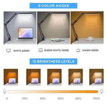 ZTree LED Desk Lamp: Adjustable Light with 3 Color Modes & 10 Brightness Levels