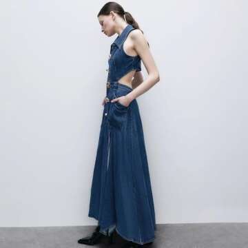 URBAN REVIVO Women's Casual Denim Dresses 2024 Fashion Lapel Sleeveless Cut-Out Sides Slit with Big Pockets Blue, Medium