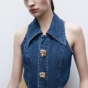 URBAN REVIVO Women's Casual Denim Dresses 2024 Fashion Lapel Sleeveless Cut-Out Sides Slit with Big Pockets Blue, Medium