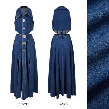 URBAN REVIVO Women's Casual Denim Dresses 2024 Fashion Lapel Sleeveless Cut-Out Sides Slit with Big Pockets Blue, Medium