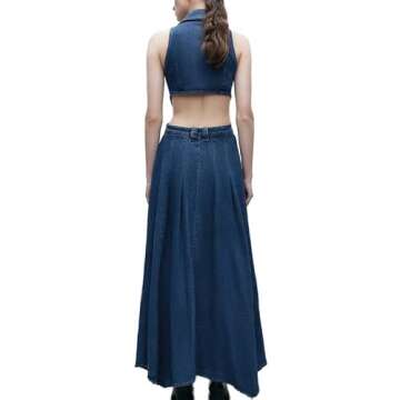 URBAN REVIVO Women's Casual Denim Dresses 2024 Fashion Lapel Sleeveless Cut-Out Sides Slit with Big Pockets Blue, Medium