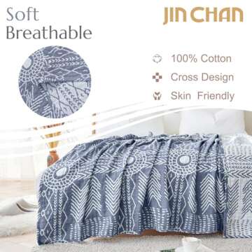 JINCHAN Boho 100% Cotton Muslin Blanket 3-Layer Twin Size Geometric Lightweight Reversible Soft Cozy...