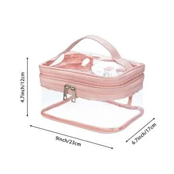 HAOGUAGUA Double Layer Clear Cosmetic Bag Makeup Bag, Waterproof Travel Toiletry Bag, Transparent PVC Hair & Nail Accessories Pouch Beach Bag Organizer (Pink)
