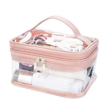 HAOGUAGUA Double Layer Clear Cosmetic Bag Makeup Bag, Waterproof Travel Toiletry Bag, Transparent PVC Hair & Nail Accessories Pouch Beach Bag Organizer (Pink)