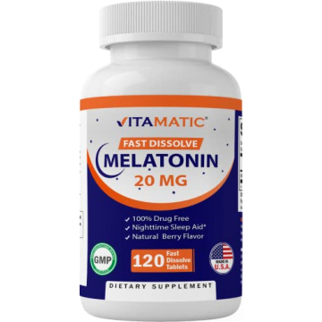 Vitamatic Melatonin 20mg Tablets | Vegetarian, Non-GMO Sleep Aid | Natural Berry Flavor | 120 Count