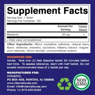 Vitamatic Melatonin 20mg Tablets | Natural Sleep Aid | 120 Tablets
