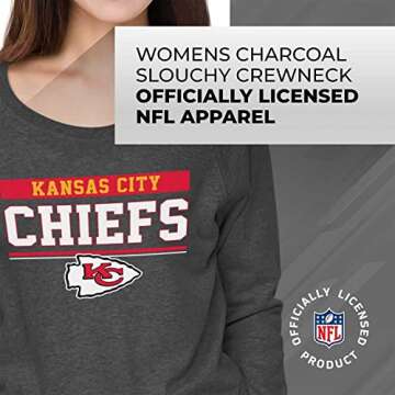 Team Fan Apparel NFL Womens Charcoal Crew Neck Football Apparel, Light Weight Slouchy Raglan Sleeve Crewneck Pullover (Kansas City Chiefs - Charcoal, Small)