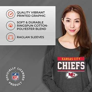 Team Fan Apparel NFL Womens Charcoal Crew Neck Football Apparel, Light Weight Slouchy Raglan Sleeve Crewneck Pullover (Kansas City Chiefs - Charcoal, Small)
