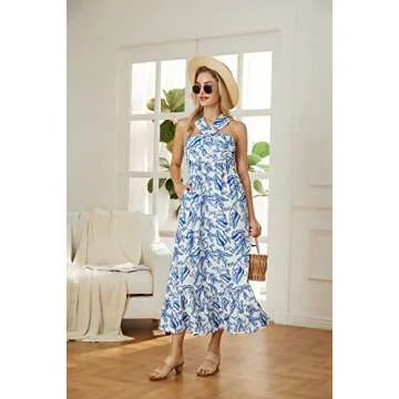 GRACE KARIN Women Halterneck Sleeveless Flowy Summer Beach Party Maxi Dress White Blue XXL
