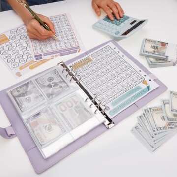 Antner 100 Envelopes Challenge Binder Savings Challenges Book to Save $5,050 and $500 and $10,000, A5 Money Saving Planner Budget Binder with Cash Envelopes, Purple