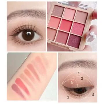 9 Color Glitter Matte Eyeshadow Palette, Pink Nude Red Cream Shimmer Eyeshadow Eye Shadow Makeup Pal...