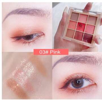 9 Color Glitter Matte Eyeshadow Palette, Pink Nude Red Cream Shimmer Eyeshadow Eye Shadow Makeup Palettes, Christmas Gift for Women Waterproof High Pigment Long-Lasting Korean Eye Makeup(03# Pink)