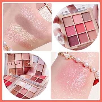 9 Color Glitter Matte Eyeshadow Palette, Pink Nude Red Cream Shimmer Eyeshadow Eye Shadow Makeup Palettes, Christmas Gift for Women Waterproof High Pigment Long-Lasting Korean Eye Makeup(03# Pink)