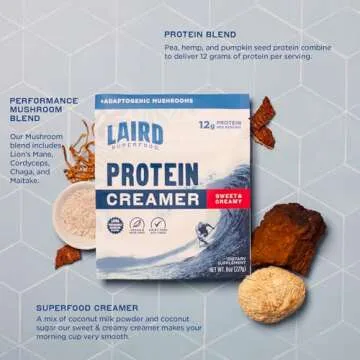 Laird Superfood Non-Dairy Protein Creamer, Sweet & Creamy + Adaptogens, Superfood Creamer with Functional Mushrooms, 12g Protein Per Serving, 8oz Bag