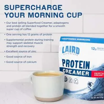Laird Superfood Non-Dairy Protein Creamer, Sweet & Creamy + Adaptogens, Superfood Creamer with Functional Mushrooms, 12g Protein Per Serving, 8oz Bag