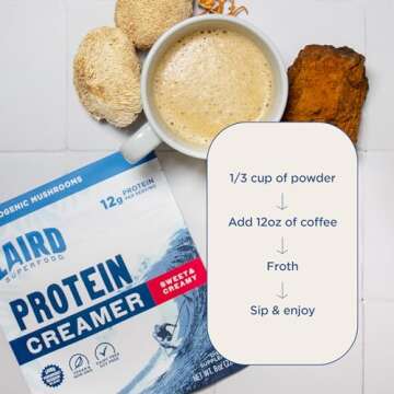 Laird Superfood Non-Dairy Protein Creamer, Sweet & Creamy + Adaptogens, Superfood Creamer with Functional Mushrooms, 12g Protein Per Serving, 8oz Bag