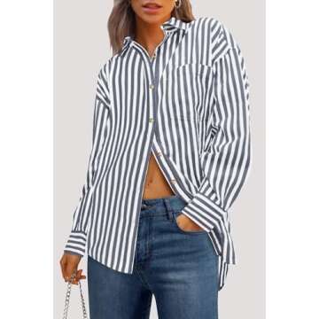 PRETTYGARDEN Womens Striped Button Down Shirt Spring 2025 Oversized Collared Long Sleeve Office Work Blouses Tops (Navy,XX-Large)