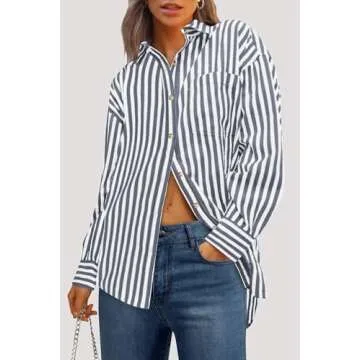 PRETTYGARDEN Womens Striped Button Down Shirt Spring 2025 Oversized Collared Long Sleeve Office Work Blouses Tops (Navy,XX-Large)