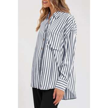 PRETTYGARDEN Womens Striped Button Down Shirt Spring 2025 Oversized Collared Long Sleeve Office Work Blouses Tops (Navy,XX-Large)